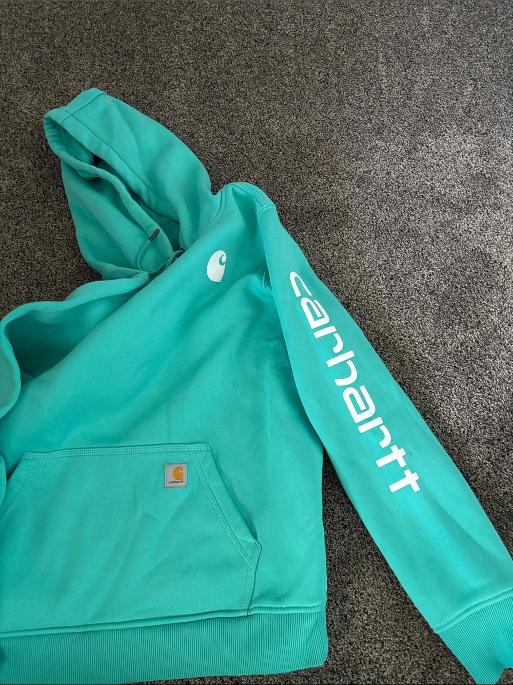 Carhartt Teal Green Pullover Hoodie with Sleeve Script - Picture 5 of 6